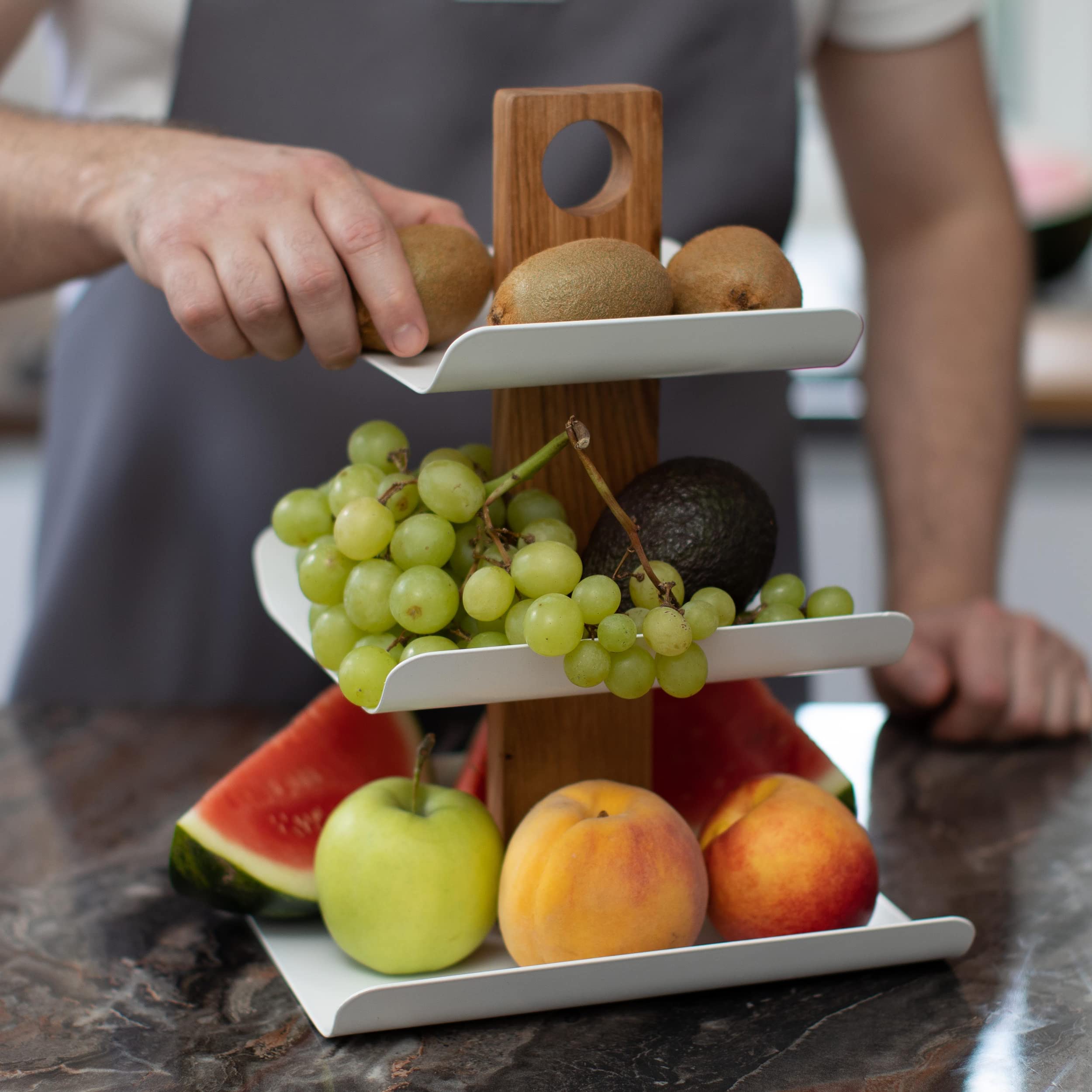 B4K 3-stöckige Etagere aus Holz und Metall, 33cm x 24cm | Obstschale und Servierplatte, Für Obst, Kuchen, Süßigkeiten, Für Brot und Snacks, Elegantes Design