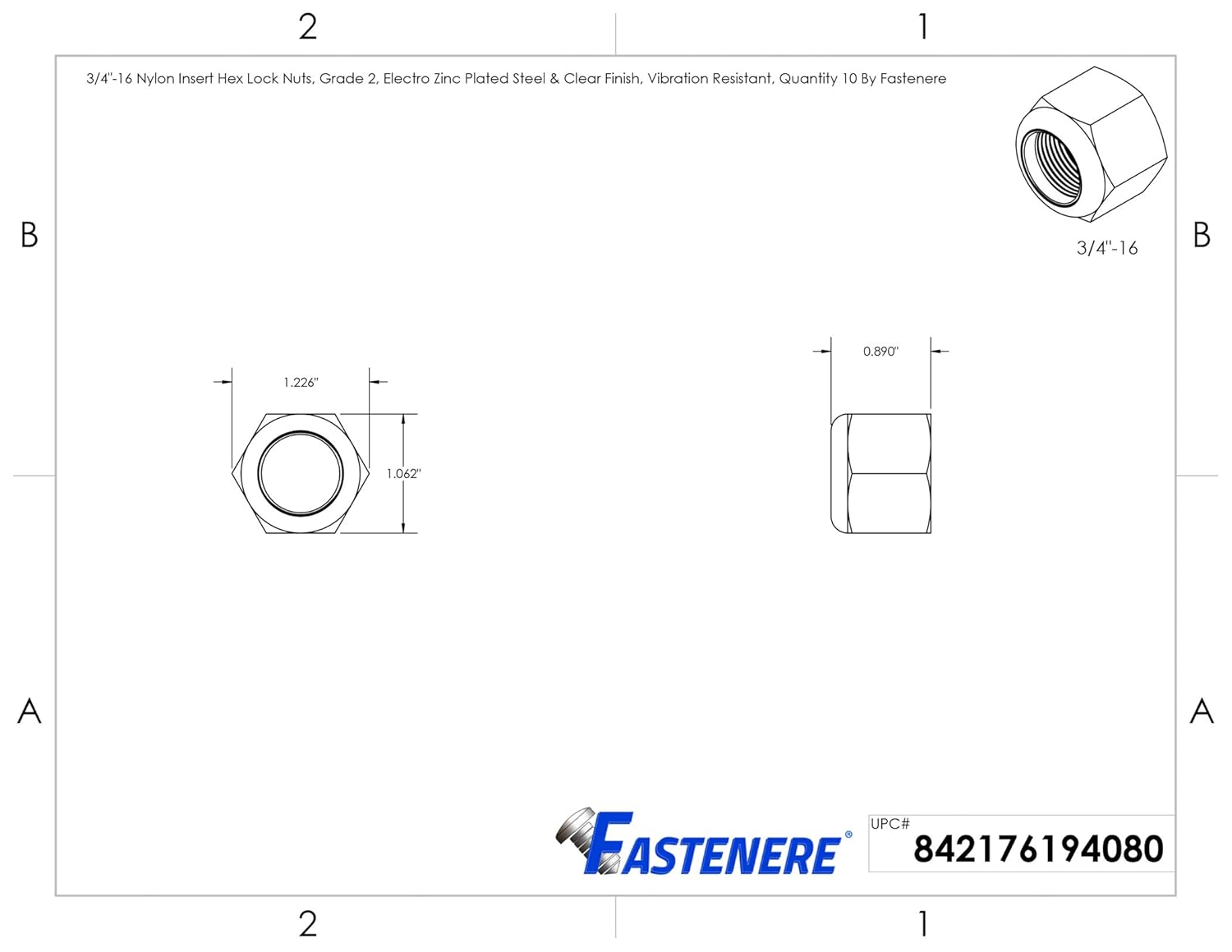 Fastenere Nylon Insert Hex Lock Nuts - 3/4"-16 (10-Pack) Grade 2, Zinc Plated Steel & Clear Finish, Vibaration-Resistant, Durable Multi-Use Hardware Nuts - Secure Fastening w/Hex Socket Drive