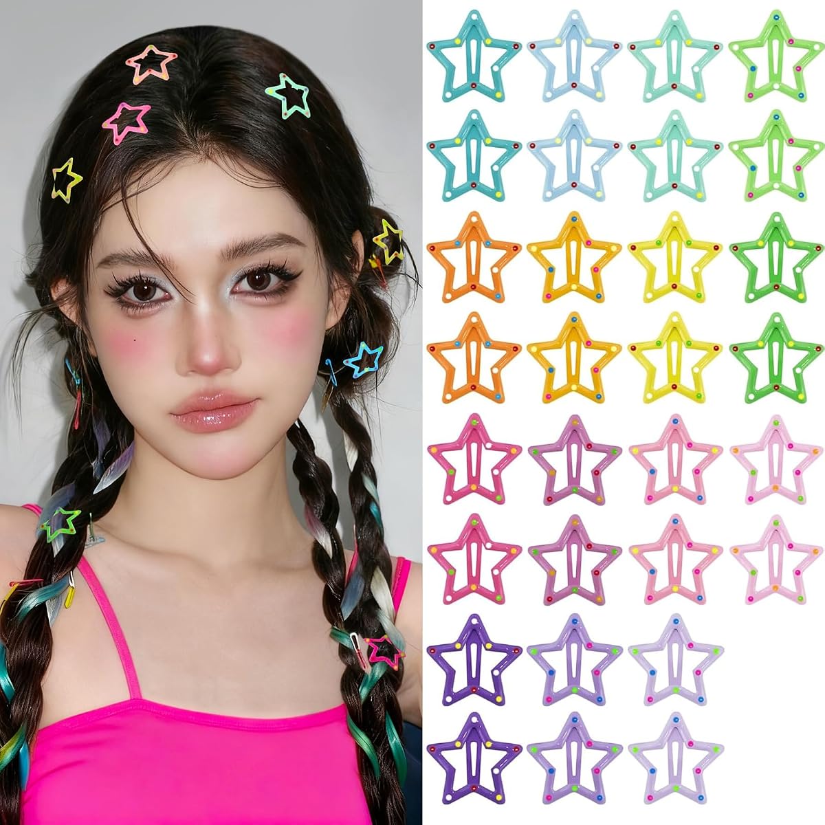 VIBILIA Star Hair Clips Y2K Multicolor Metal Hair Accessories-30 PCS 1.18" | 2000s Star Snap Hair Barrettes Non Slip Metal Hair Clips for Girls Women