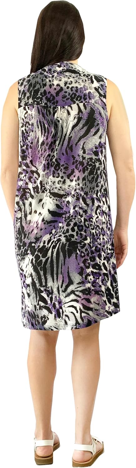 LA CERA Women's Sleeveless Printed Dress, 95% Polyester, 5% Spandex, V-Neck, Knee-Length, Side Pockets, Machine Wash Purple - Image 4