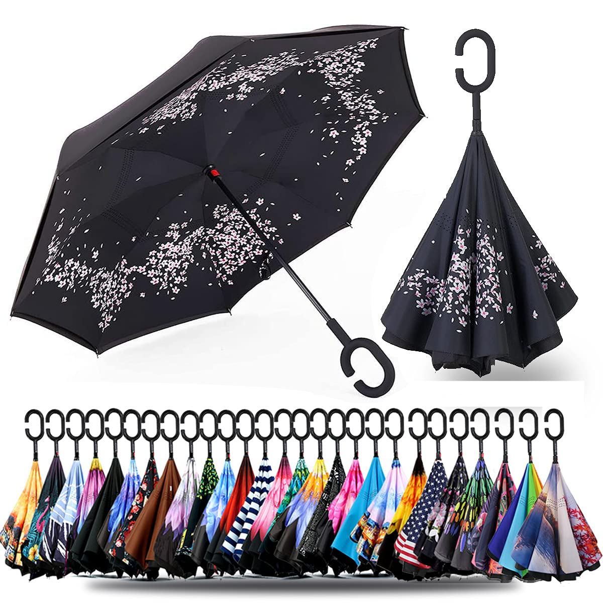 SIEPASA Double Layer Inverted Umbrella with C-Shaped Handle, Anti-UV Waterproof Windproof Straight Umbrella for Car Rain Outdoor Use (Sakura)