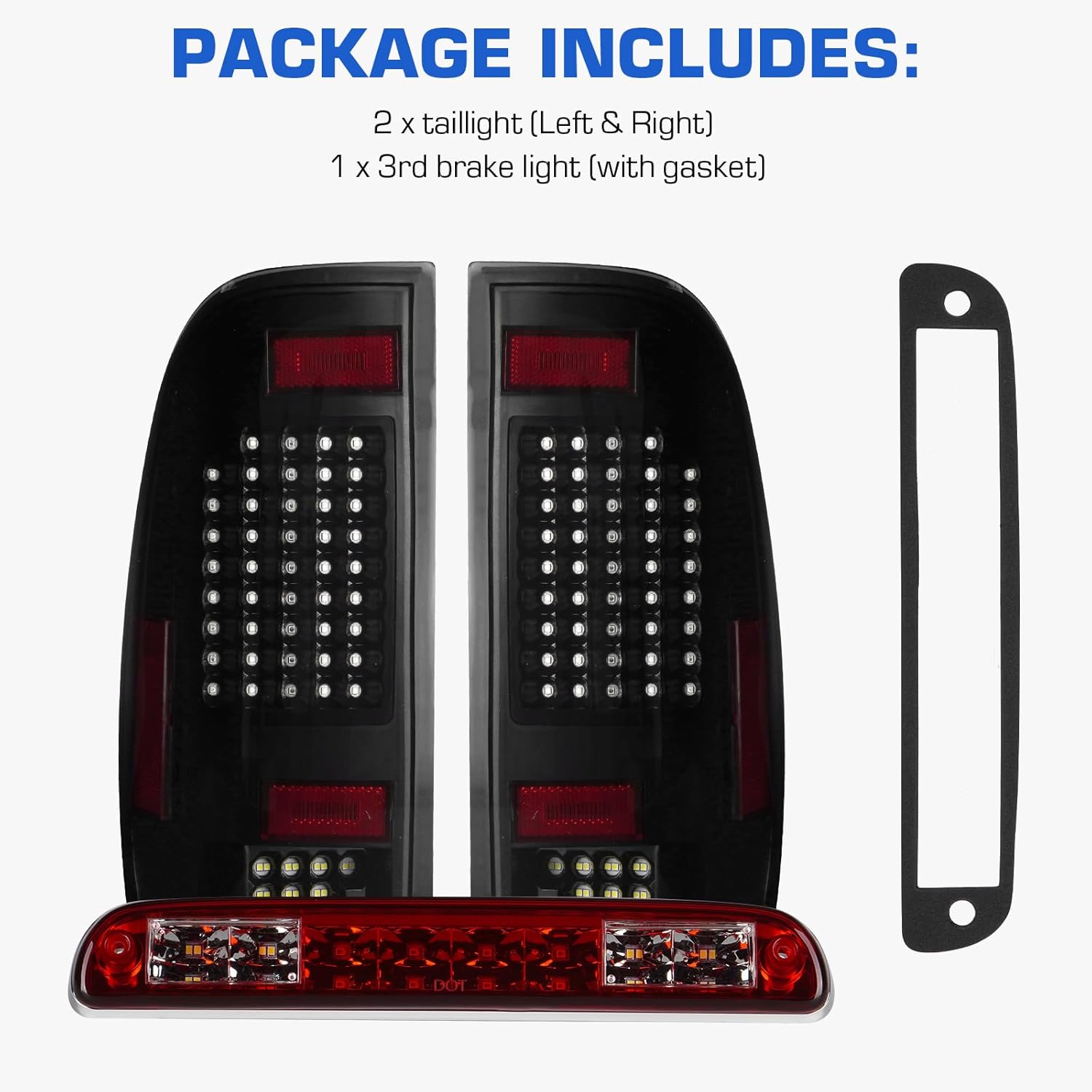 LED Tail Lights Assembly + 3rd Brake Light Kit Fit for Ford F-250 F-350 F-450 F-550 Super Duty 1999-2007, Tail Light Smoke Lens, Brake Light Red Lens