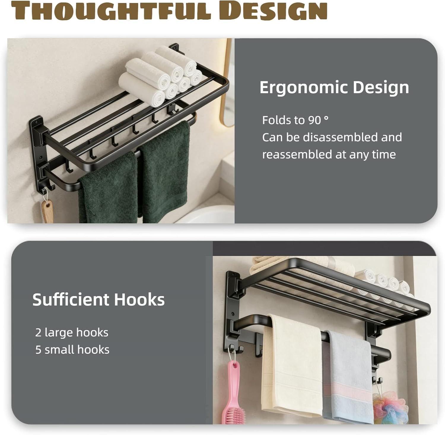 Towel Rack Wall Mounted for Bathroom Lavatory Hotel, 24 Inch Foldable Towel Shelf with Towel Holder Bar and 7 Hooks, Black Matte Towel Storage Organizer, Drill-in or Adhesive Installation
