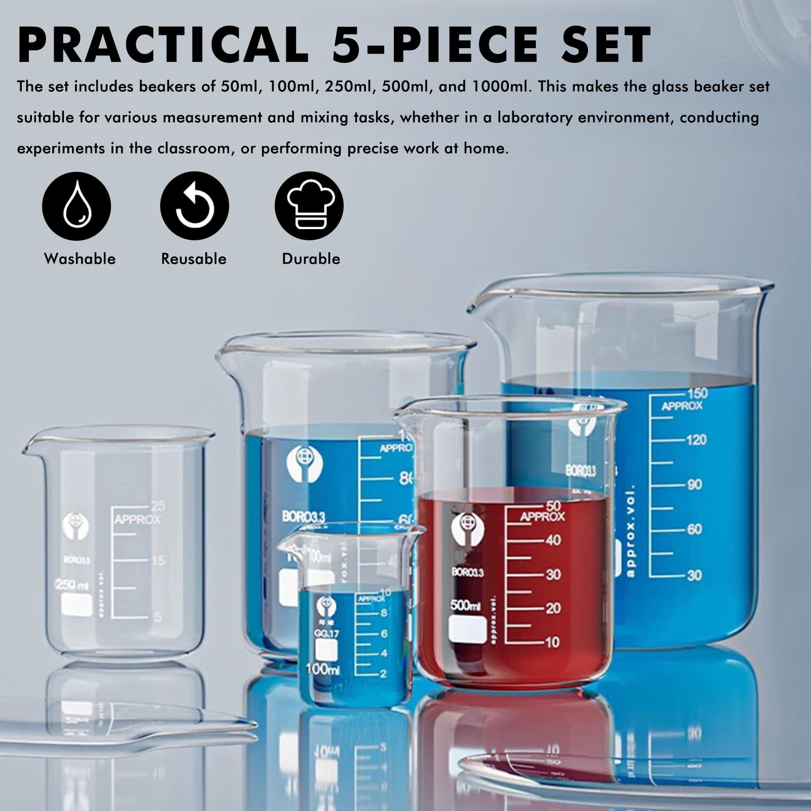 Glas Becherglas Set 50 ml 100 ml 250 ml 500 ml 1000 ml, 5er Set Abgestufter Messbecher, Borosilikatglas Glasbecher für Labor, Glasmessbecher-Set, für Labore, Klassenzimmer Heimgebrauch