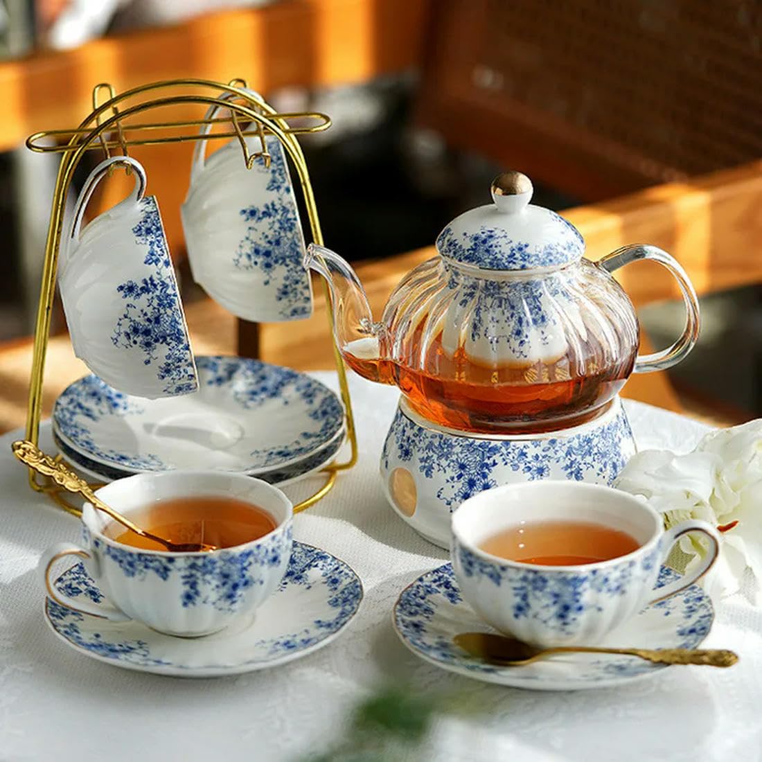 Service à thé de l'après-midi de Style Anglais, théière à Fleurs, Tasse à thé en Verre, Tasse à café et Soucoupe en Porcelaine Bleue et Blanche