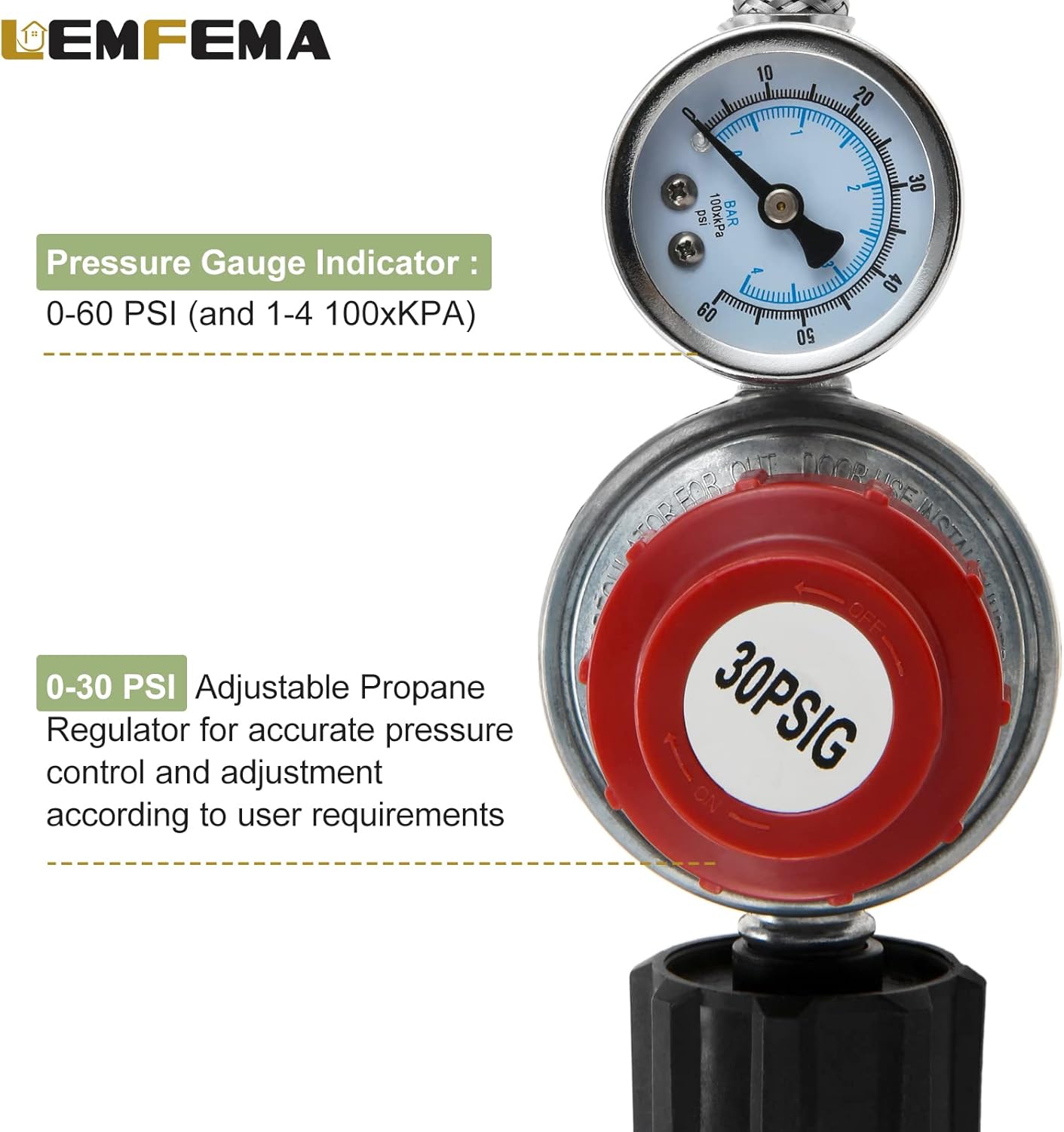 12Ft 0-30PSI High Pressure Adjustable Propane Regulator with Gauge, Stainless Steel Braided Hose Fit for Grill, Burner, Cooker, Turkey Fryer, Propane Heater, Fire Pit, QCC1 x 3/8" Female Flare Fitting