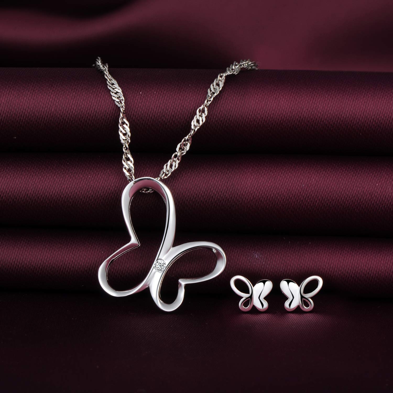 Yumilok Collar para mujer y mujer, pendientes con colgante de circonita y mariposa en plata de ley 925, oro rosa, conjuntos de joyas para mujeres y niñas
