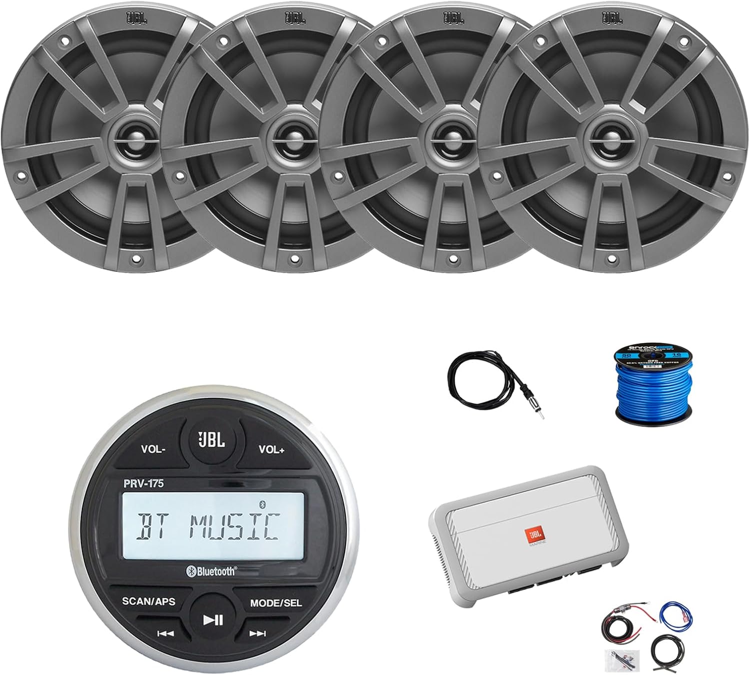 Marine Gauge Style Bluetooth AM/FM Receiver, 4X 6.5 180 Watt 2-Way Multi-Element Audio Speakers (Gray), Wire, Antenna, 4-Channel Amplifier w/Kit
