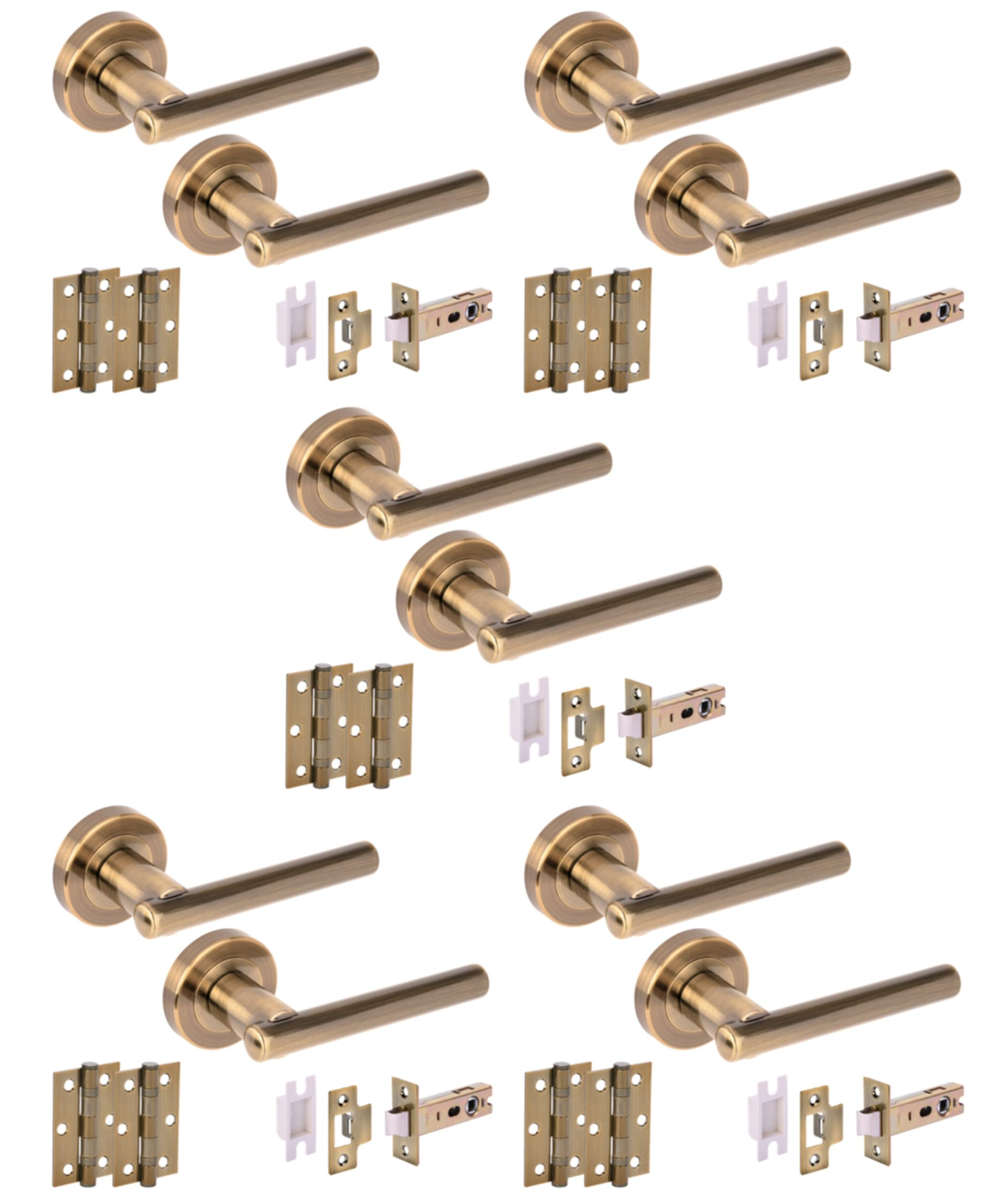 Hunta HANDLEZONE® 5 Sets Solus Internal Door Handles on Rose Lever Latch Packs, 76mm Latch, 75mm Ball Bearing Hinges - Antique Bronze