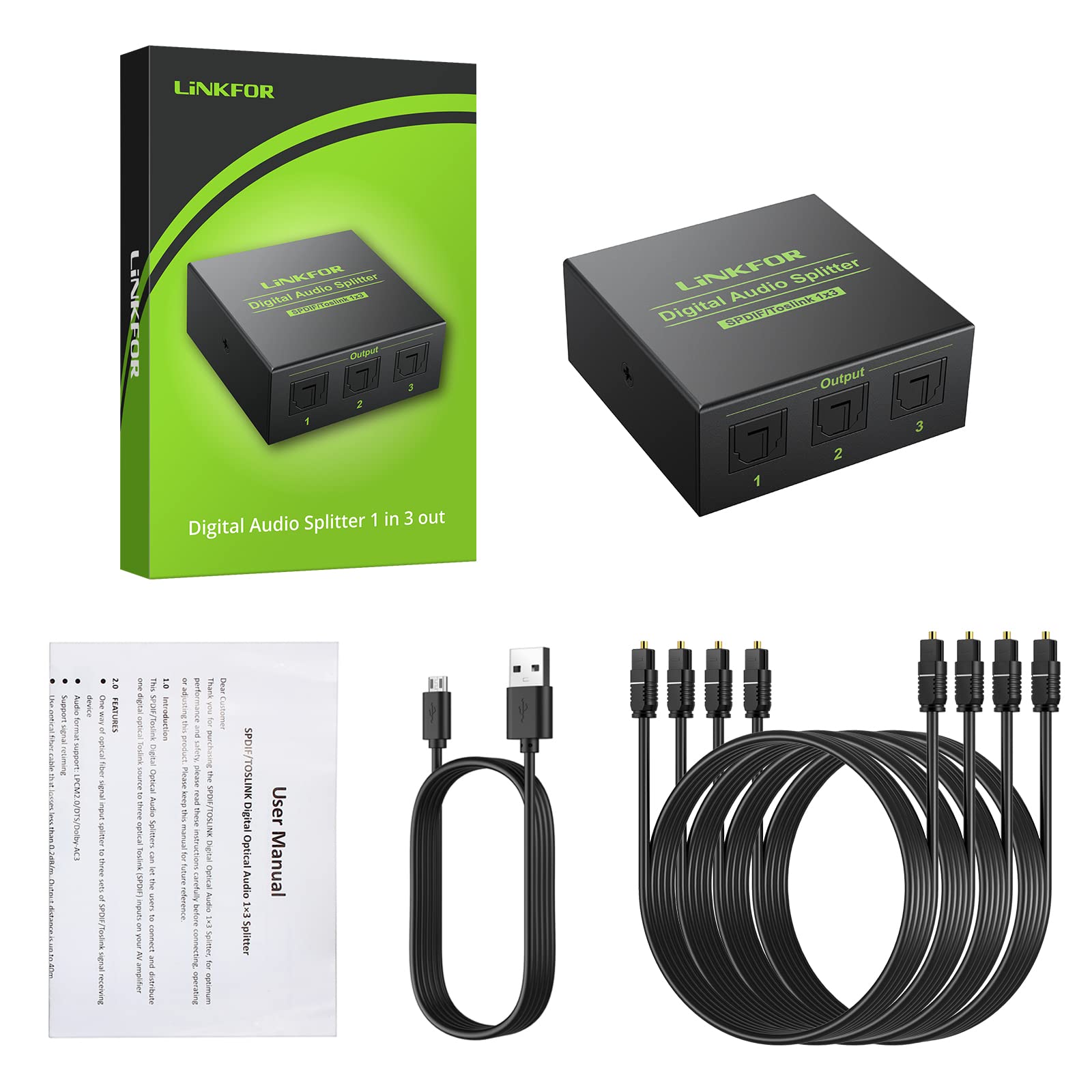 LiNKFOR 3 Porte Splitter Audio Digitale SPDIF 1 In 3 Out Splitter Ottico Toslink Supporta Dolby-AC3 DTS LPCM 2.0 con 4pz 1M Cavi Ottici per PS3 VHS VCR Blu-ray DVD HDTV STB DAC Convertitore