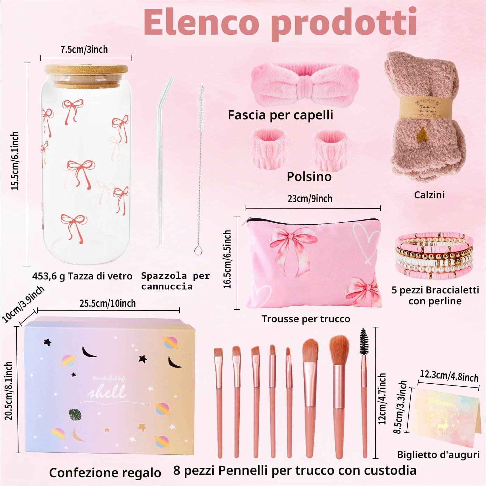 Regali per ragazze adolescenti 9 – 16 anni, regalo di Natale, compleanno, tazza di vetro, bicchiere con cannuccia e coperchio, pennello per trucchi, calzini per capelli