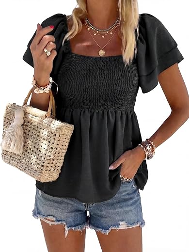 Women's Summer Peplum Tops Square Neck Ruffle Trim Short Sleeve Blouse Smocked Top Dressy Casual Shirts