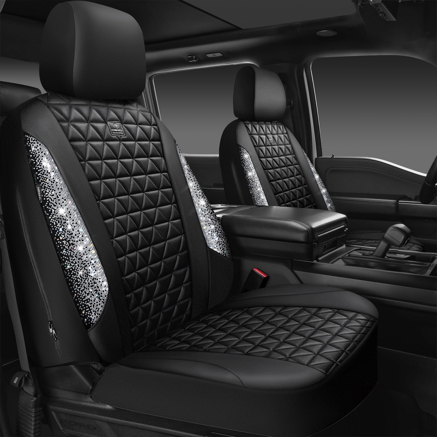 CAR PASS Bling Diamond Leather Car Seat Covers for 2 Front Interior Sets, Waterproof Shining Glitter Sparkly Crystal Universal Armrest Fit Automotive Truck SUV Cute Women Girl, Black Silver Rhinestone