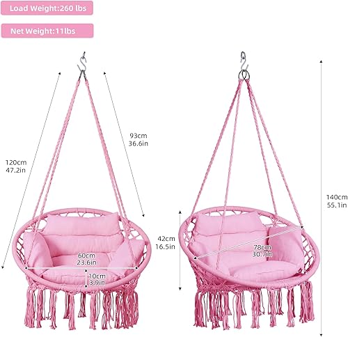 Miniatura 44 de Goutime Silla tipo hamaca, sillas colgantes de macramé con cojín y kit de herramientas, columpios bohemios para adultos para exteriores, patio, Gris