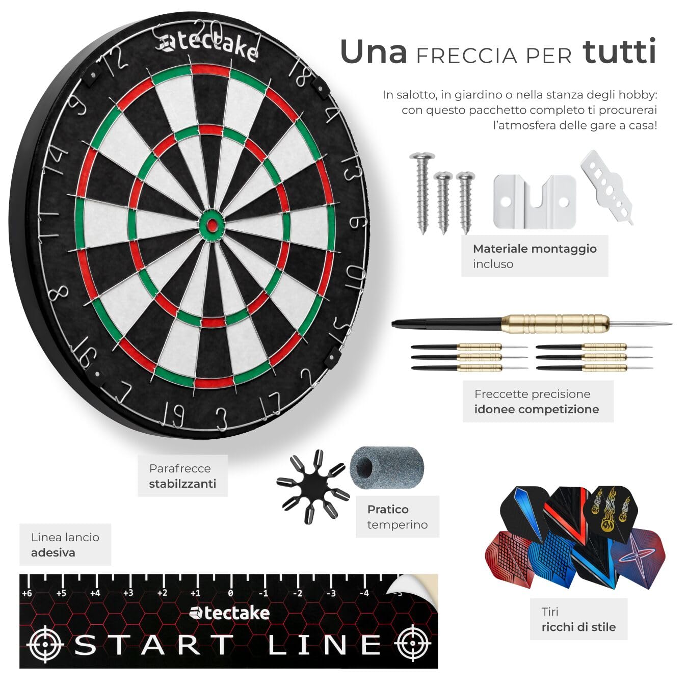 Tectake Bersaglio Freccette Professionali, 9 Frecce da Competizione, 21 Alette, Sisal Autorigenerante, Dart Board