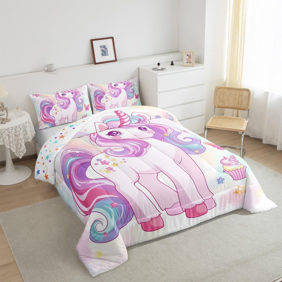 Castle Fairy Unicorn Girlish Comforter Set Toddler Size Cartoon Dreamy Animal Bedding Set Bedroom Decor Pastel Pink Tie Dye Quilt Set for Kids Girls Butterfly Star Print Duvet Insert 2Pcs