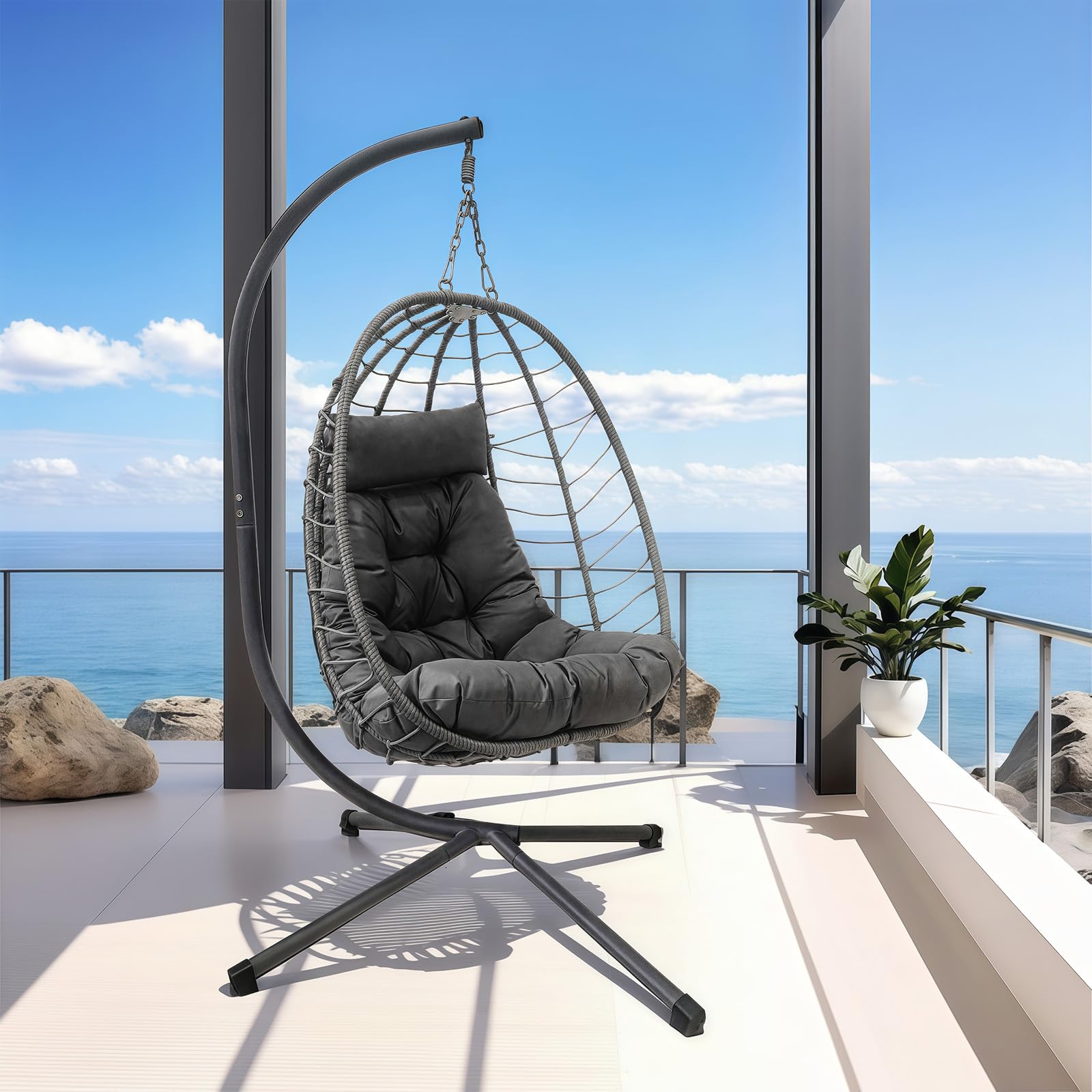XZHQHB Hanging Egg Chair with Stand, Outdoor Patio Rattan Wicker Swing Egg Chair, Outdoor Indoor Hammock Chair for Porch, Living Room, Poolside and
