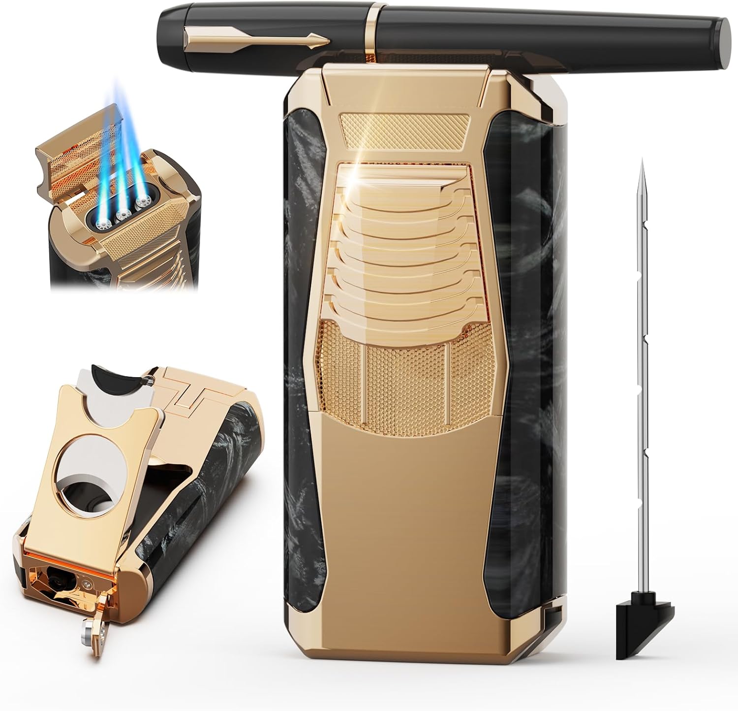 5-in-1 Windproof Torch Lighter Adjustable Triple Jet Flame with Straight Cutter Holder Punch Draw Enhancer Butane Refillable Cigar Lighter Gift Box for Outdoor Travel Candles Men