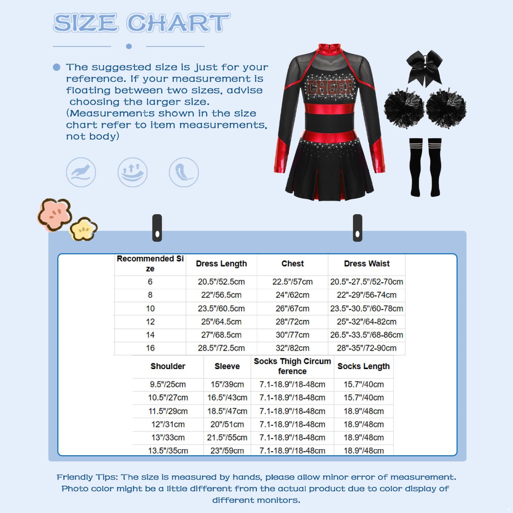 Mädchen Kostüm Cheer Leader Kinder Kleid Glitzer mit Pompons Tanzkleid Cheerleading Outfit Set Karneval Halloween Faschingskostüme
