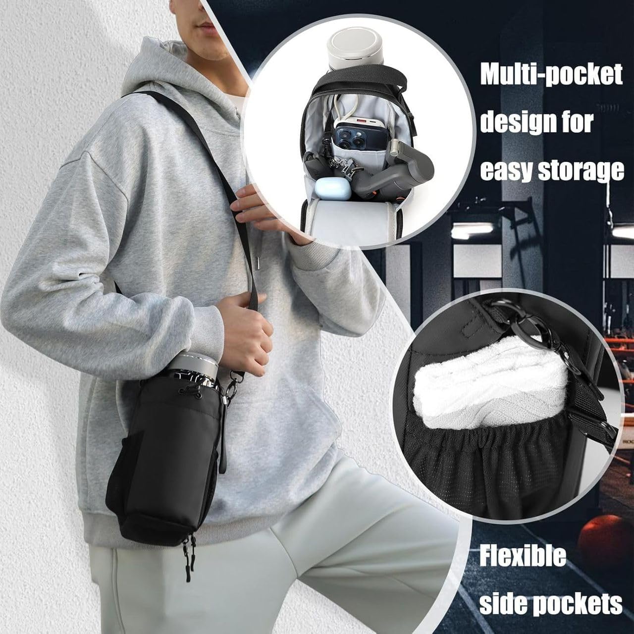 Magnetic Gym Bag with Water Bottle Holder for Men & Women, Phone Pocket, Compact Water Bottle Carrier with Strap, Fits 64 oz Water Bottle, Strong Magnets Hold Up to 6 kg
