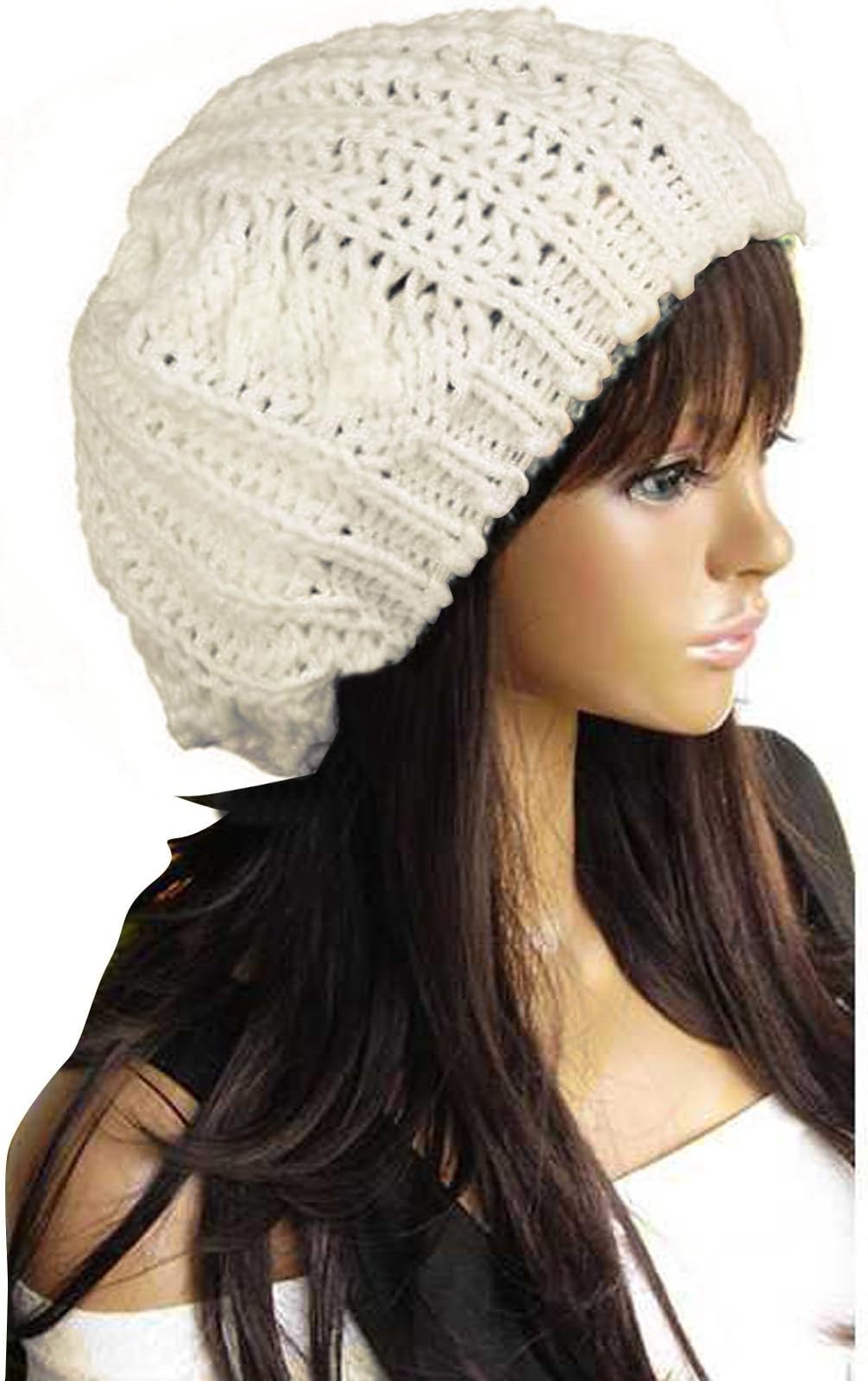 Women Beret Braided Baggy Beanie Crochet Knitting Warm Winter Wool Hat Ski Cap Beige