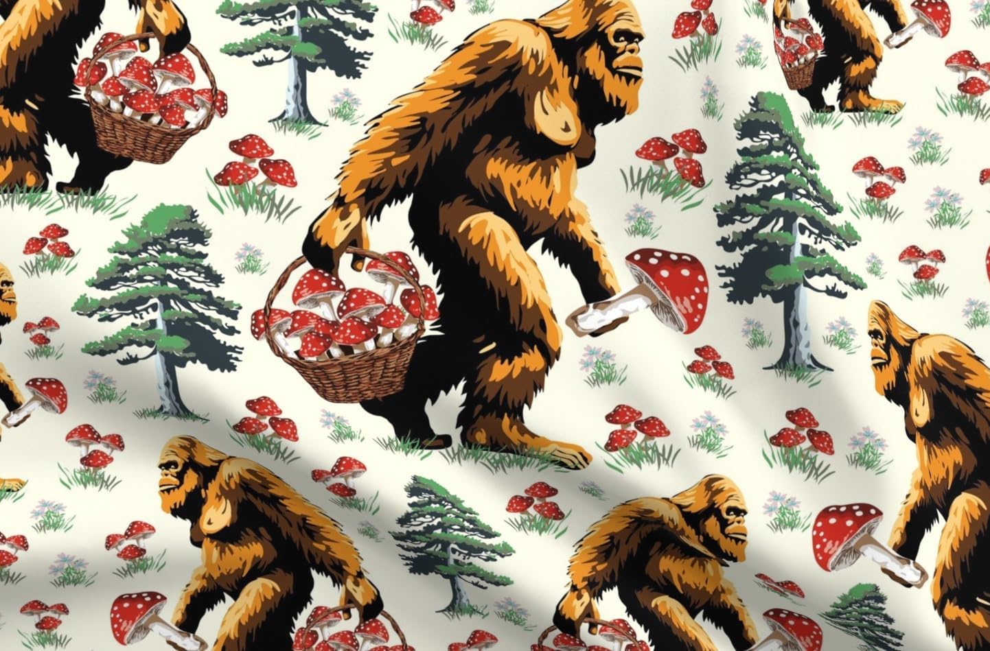 Spoonflower Fabric - Bigfoot Mushroom Foraging Whimsical Funny Quirky Sasquatch Green Brown Printed on Organic Cotton Sateen Fabric by The Yard - Sewing Quilting Apparel Home Decor