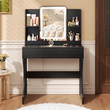 Black Small Lighted Makeup Vanity Desk with Multi-Layer Storage | 3 Adjustable Light Modes, LED Mirror, CARB P2 Certified Material, Fast Assembling