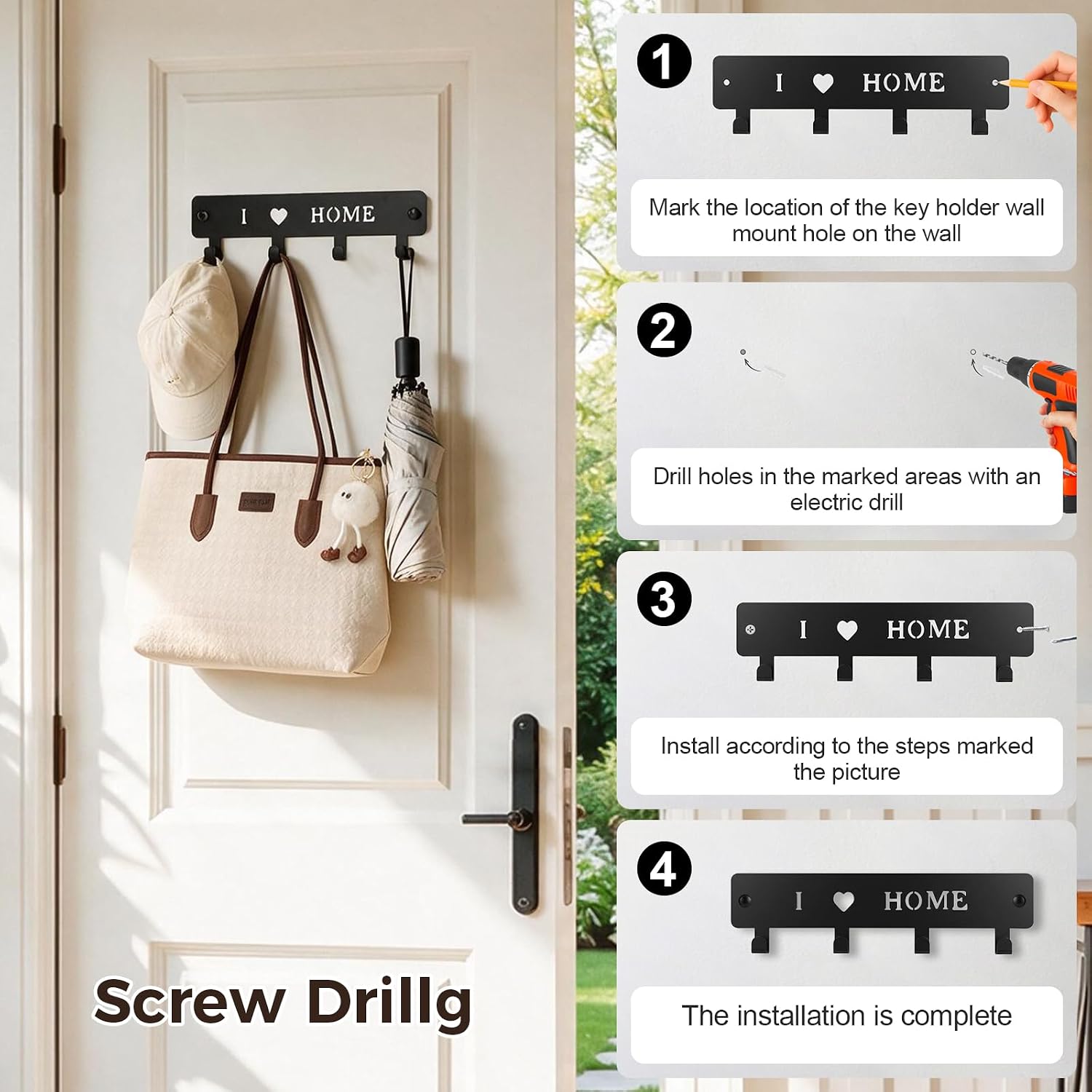 4-Hook Metal Key Holder Wall Mount with Self-Adhesive Back