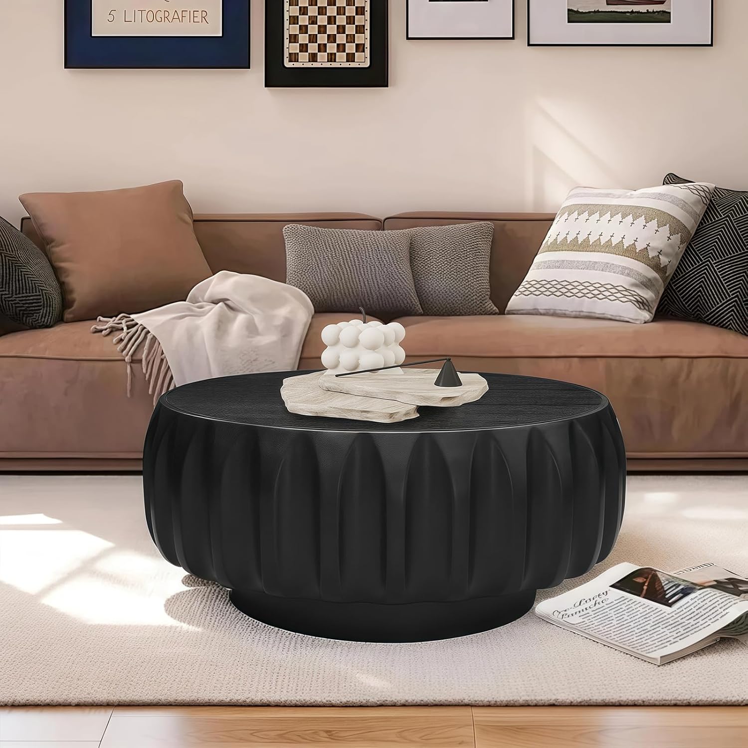 Modern Round Wood Nested Coffee Table, Black Fluted Drum -Shaped Design end Table, 31-inch Diameter Side Table