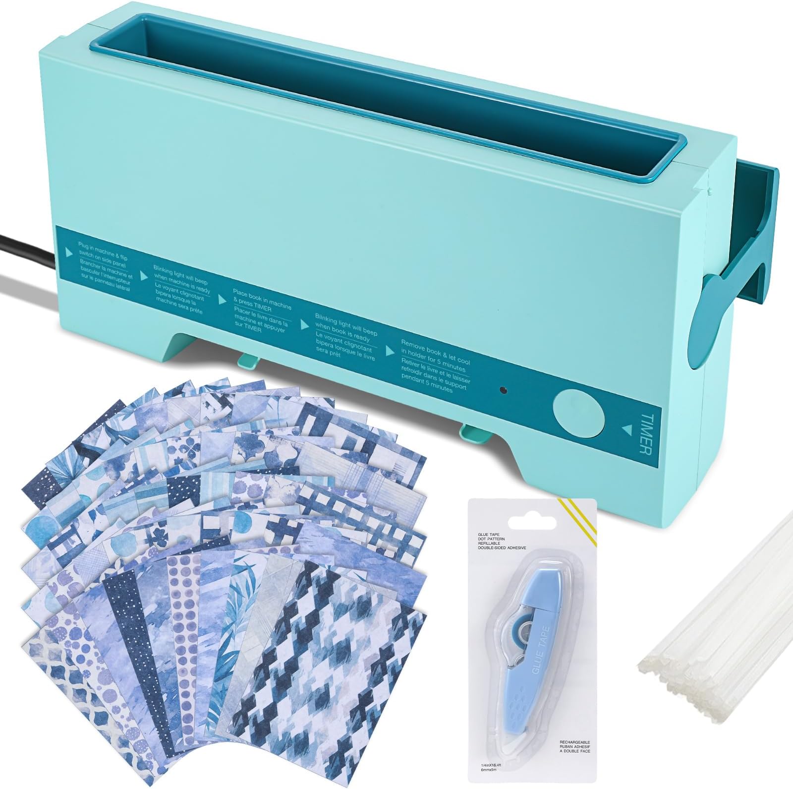 Thermal Binding Machine Kit Includes 110v Cinch Binding Machine Double Sided Tape Dots 20 Glue Strips 50 Scrapbook Paper for DIY Journals Notebooks Photo Books Documents (Blue,Classic)
