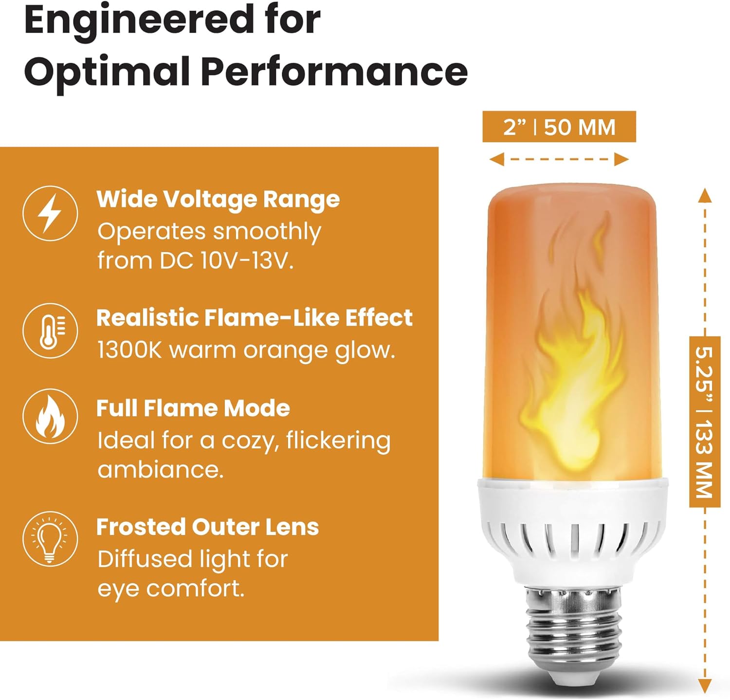 12Vmonster Flame Flickering Glowing Amber Fire Effect LED Light Bulb in E26 Medium Edison Screw Base DC 12 Volt Landscaping Low Voltage Lighting for Home Landscape Outdoor Battery System 4W