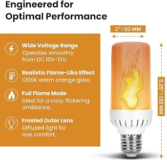 12Vmonster Flame Flickering Glowing Amber Fire Effect LED Light Bulb in E26 Medium Edison Screw Base DC 12 Volt Landscaping Low Voltage Lighting for Home Landscape Outdoor Battery System 4W