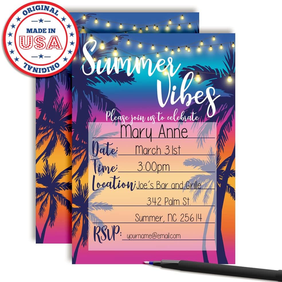 Amanda Creation Summer Vibes Party Invitations, 20 5x7 Fill-In Cards with Twenty White Envelopes