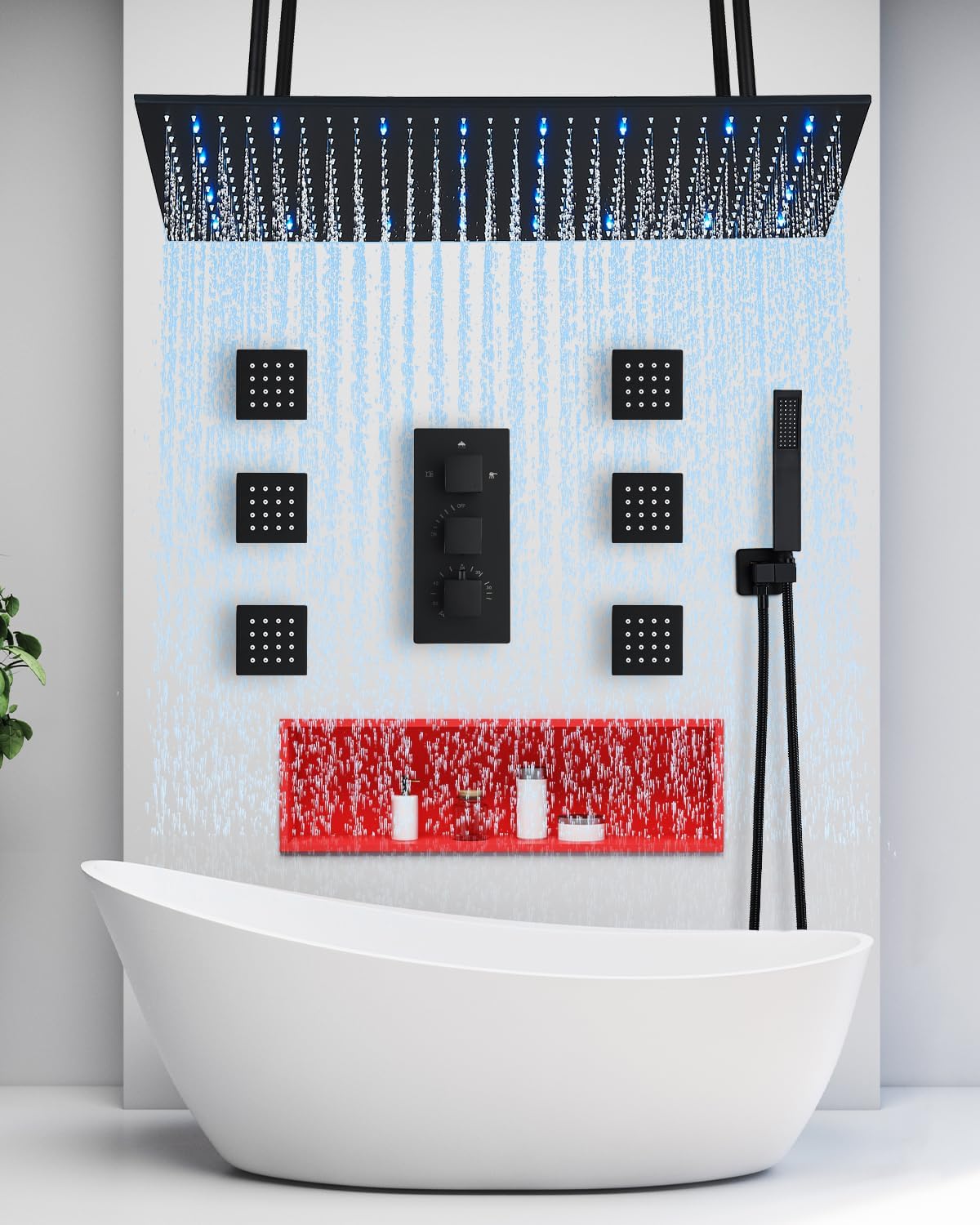 16x32 Shower Head System Ceiling Mount Shower Faucet Set Luxury Shower Faucets with Adjustable Body Shower Jets and Handheld Spray LED Large Rainfall Showerhead, Matte Black