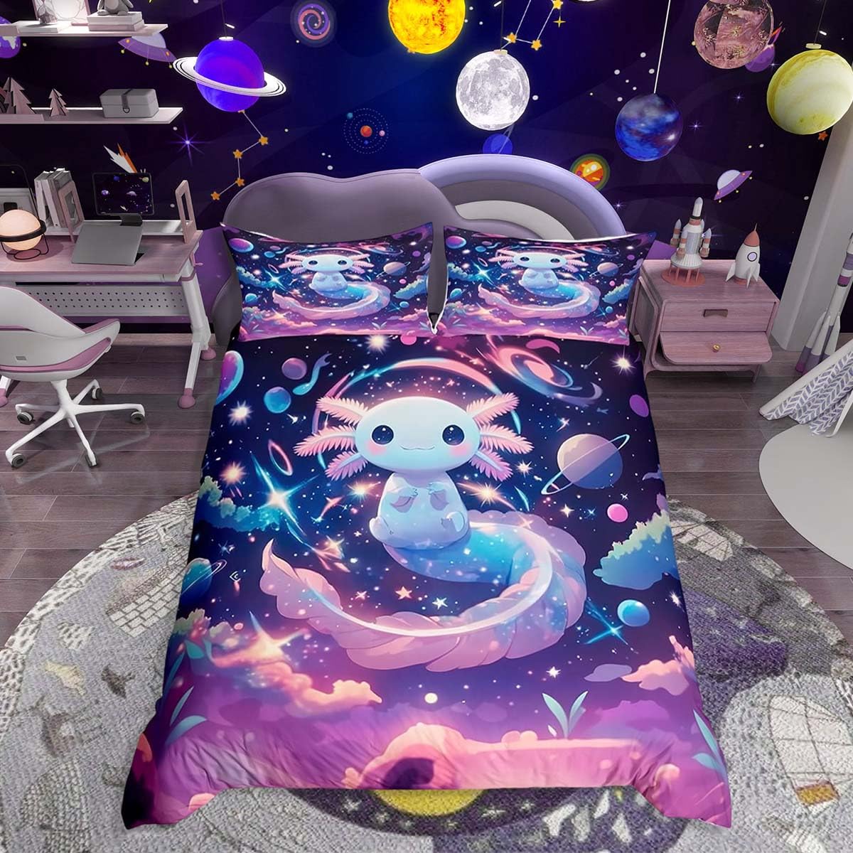 Homemissing Cute Axolotl Duvet Cover Salamander Bedding Set for Kids Boys Girls Galaxy Space Comforter Cover Planet Bedspread Cover Bedroom Collection 3Pcs Super King Size โ image 1