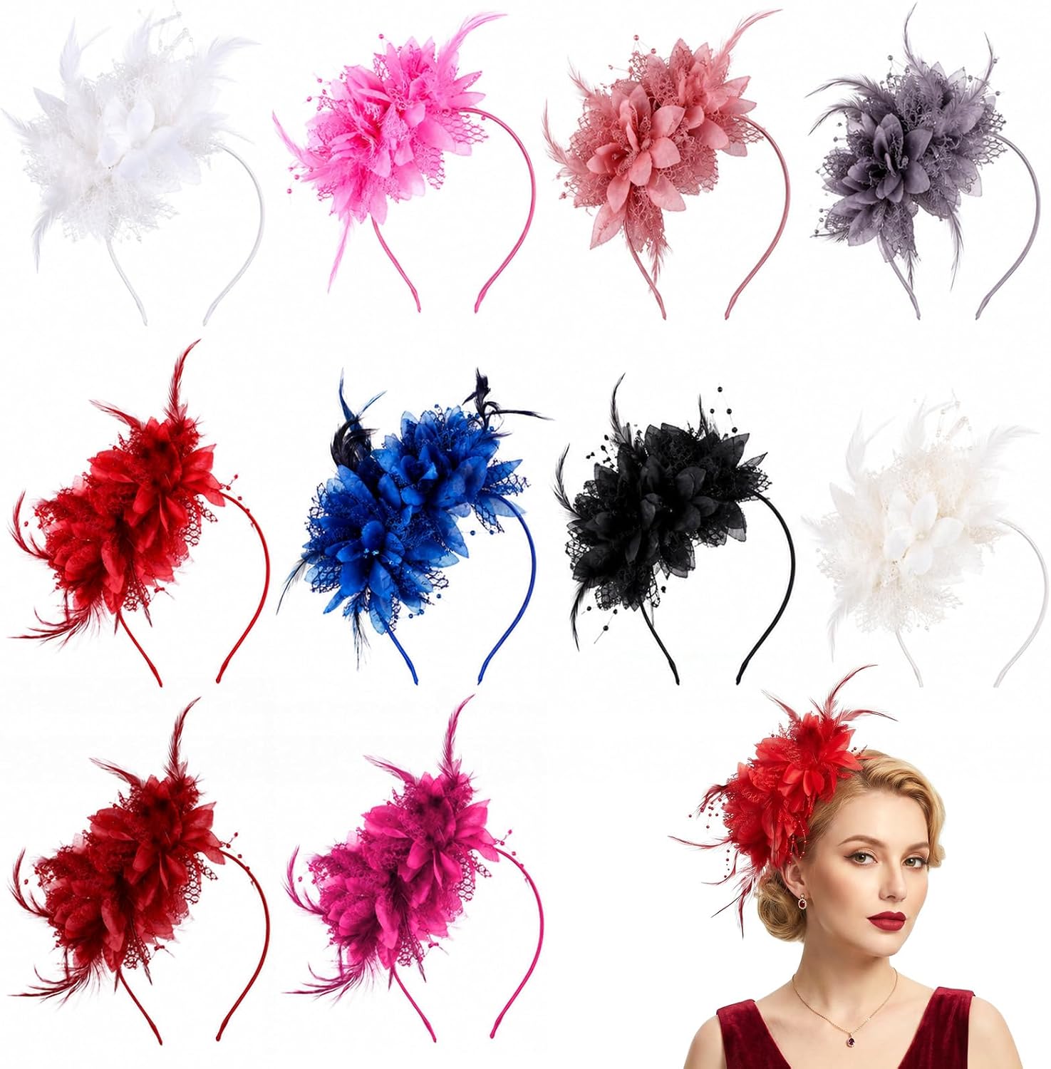 10 Pcs Fascinators for Women Tea Party Hats, Feather Pearl Headbands