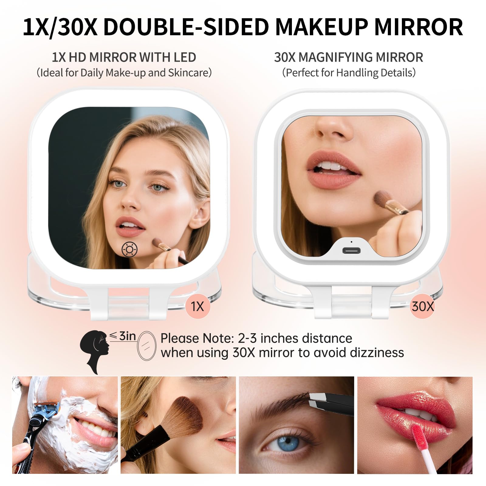 FUNTOUCH White Portable Rechargeable LED Makeup Mirror