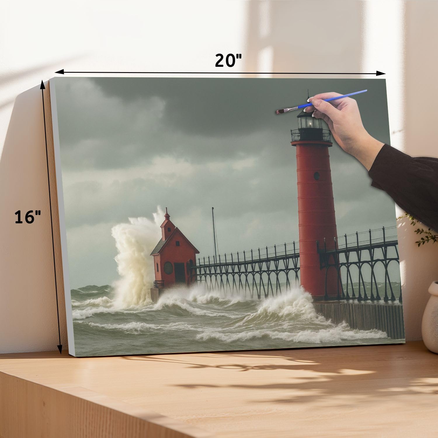 VETEB Paint by Numbers Kit for Adults Beginner Giant Waves red Grand Haven Lighthouse Michigan Lake DIY Framed Painting on Canvas by Numbers Acrylic Oil Painting Home Decor Gifts 16"x20"