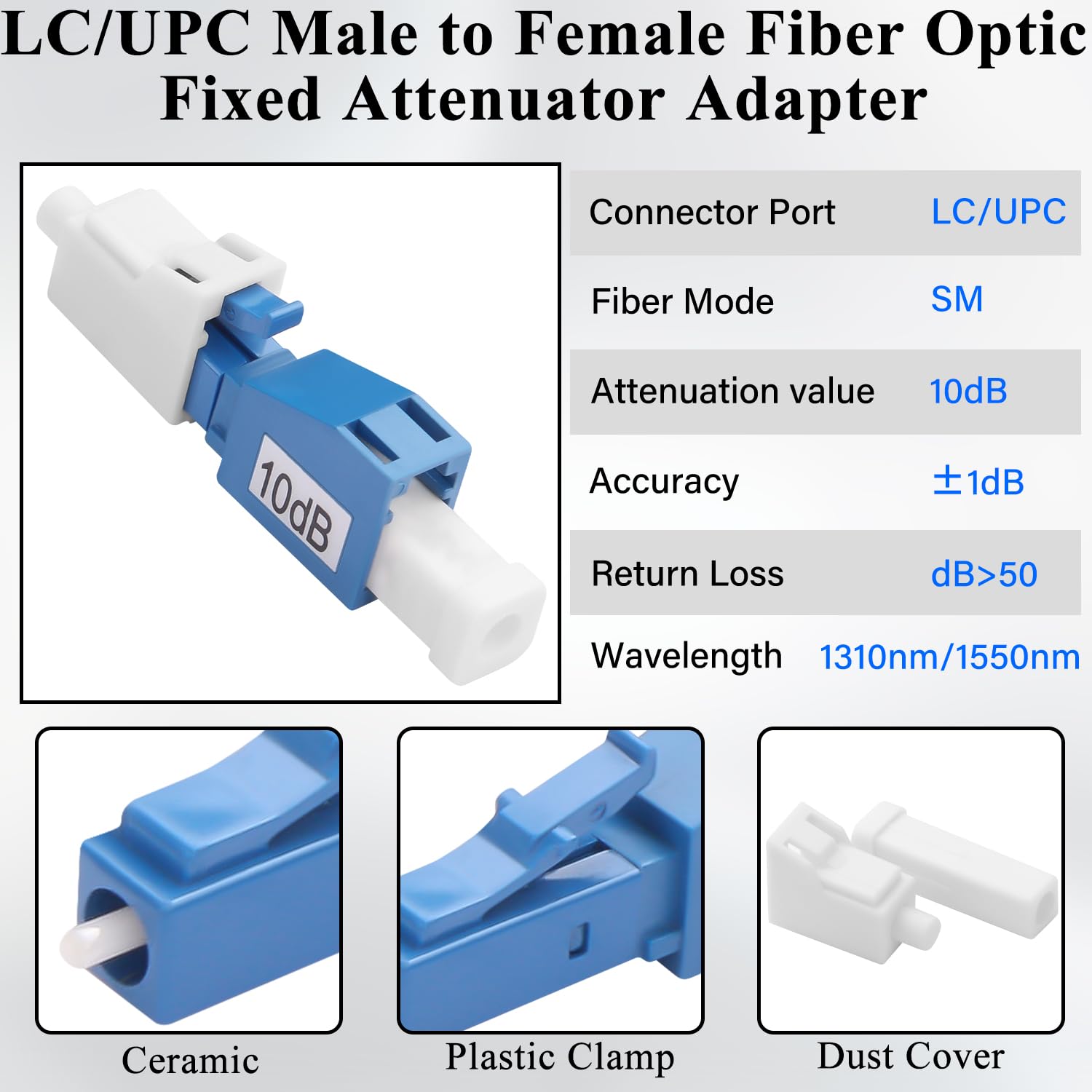 QIANRENON 10dB LC/UPC Attenuatore fisso in fibra ottica LC maschio a femmina Singlemode Attenuatore ottico fisso lc-UPC Fixed Attenuatore, valore di attenuazione 10dB±1, per CATV FTTH