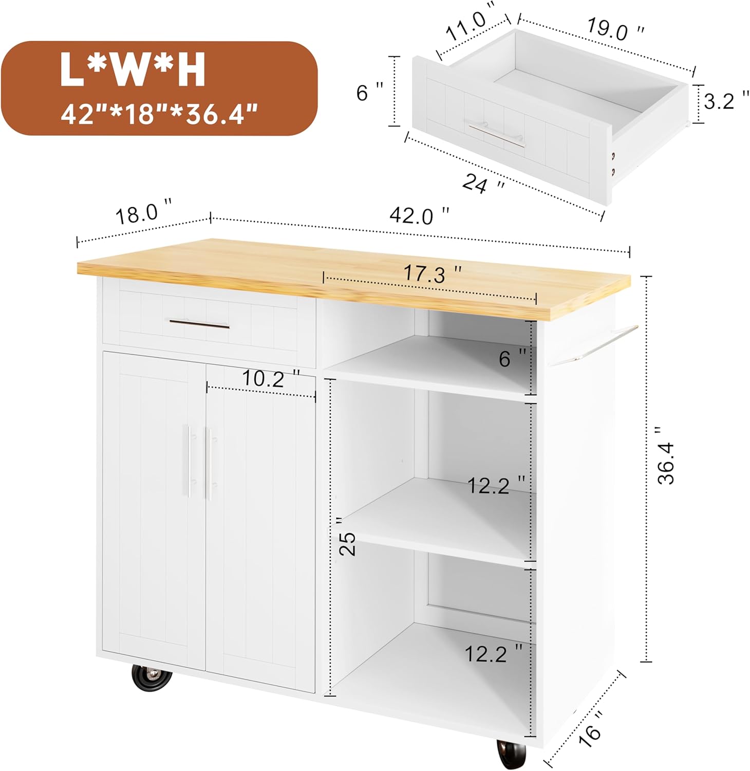 SUNLEI Kitchen Island with Storage Cabinet, 42" Kitchen Cart on Wheels with Shelves, Cart Handle for Towel Rack or Free Mobility, Portable Islands for Kitchen(Stylish White, 42-INCH)