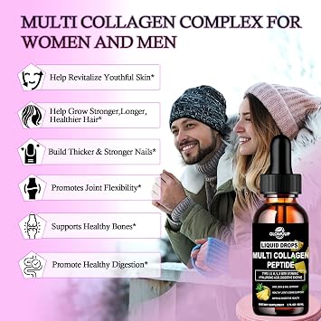 Multi Collagen Peptides Liquid Drops for Women & Men-Type I, II, III, V, XHydrolyzed Collagen Peptides, Collagen Proteins W. Hyaluronic Acid, Biotin & Vitamin C for Hair Skin & Joint Gut Health