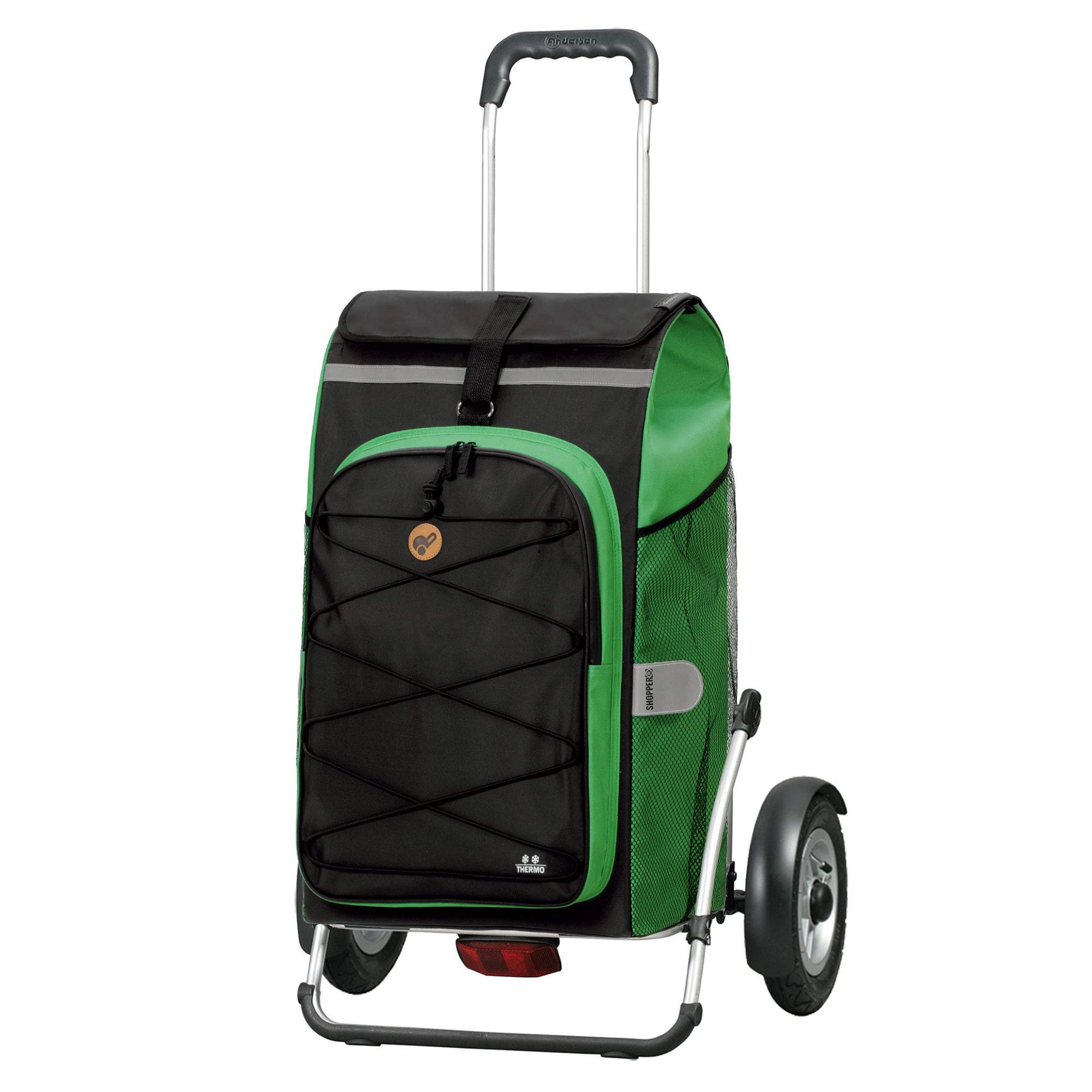 Andersen Shopper Royal Plus Aluminium Foldable with Pneumatic Tyres  Diameter 25 cm and 72 Litre Bag Fado with Cooler Compartment Green