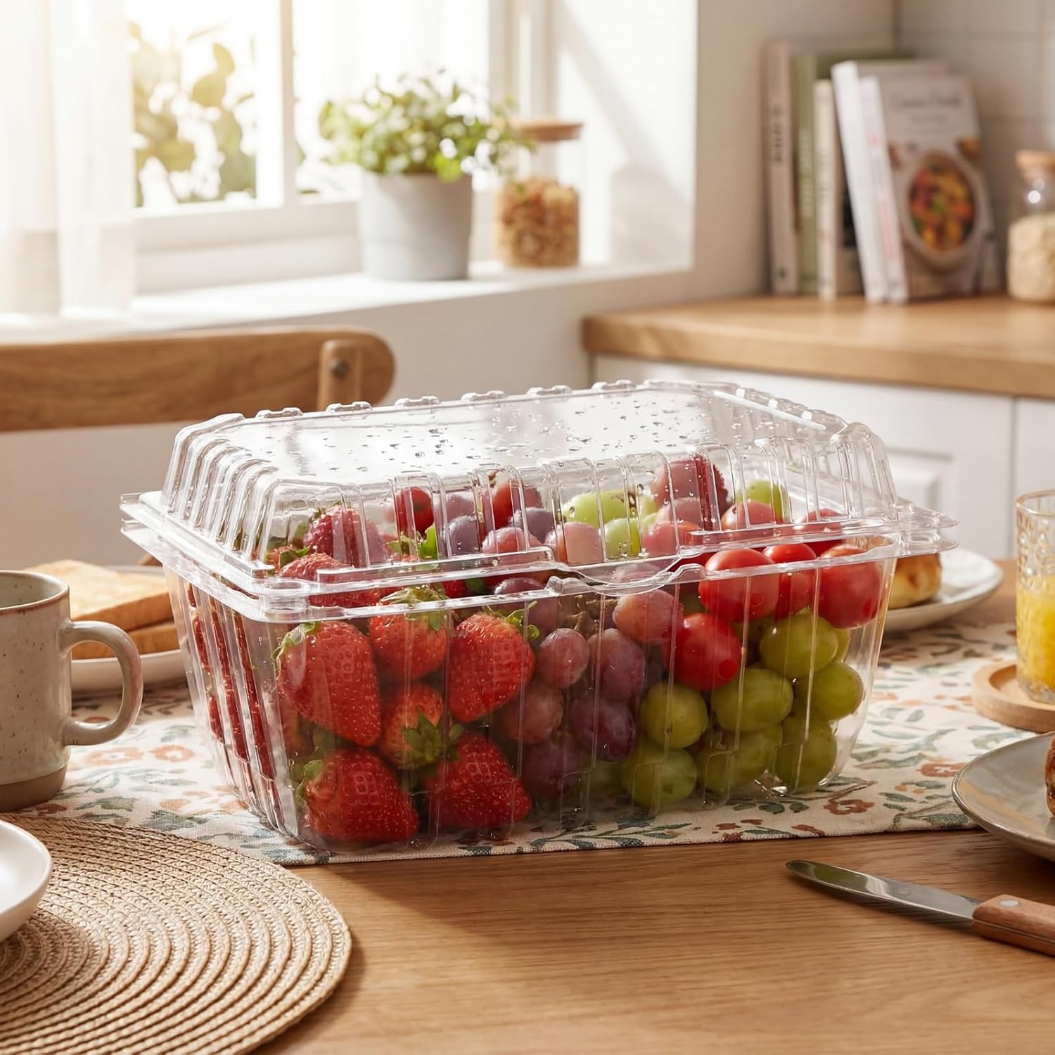 Qinyoung 100 Pack 1 Pound Clear Plastic Berry Containers with Lids Vented Clam Shell Produce Baskets for Fridge 7.1 x 4.7 x 2.4 Inch Fruit Storage Boxes for Strawberry, Grocery, Home Use