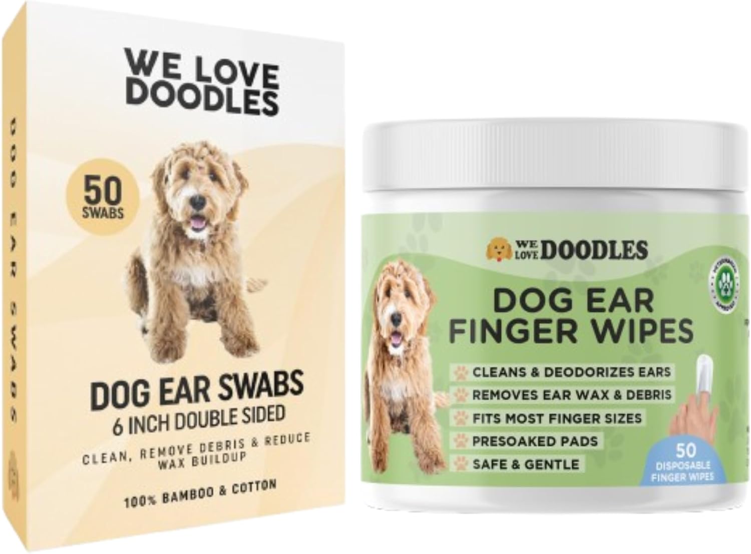 We Love Doodles Dog Ear Cleaner Finger Wipes & Dog Ear Swabs - Dog Ear Cleaner, Presoaked Dog Ear Wipes, Dog Ear Cleaning Solution,Double Sided Qtips for Dogs, Large Wooden Cleaner Balls Tool