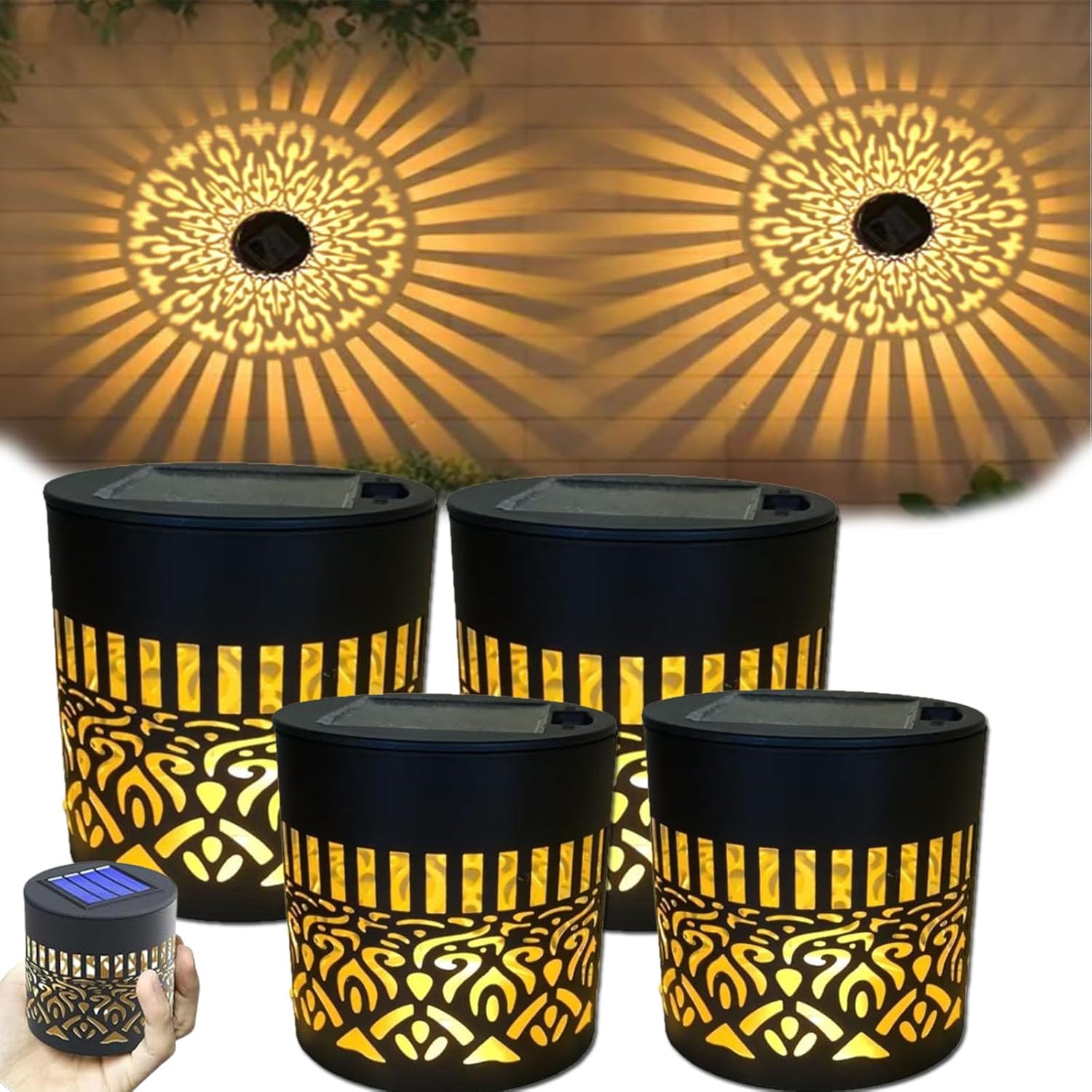 Decorative Solar Mandala Lights, Metal Solar Powered Outdoor Deck Step Wall Lights, Mandala Theme Waterproof Fence Light for Garden Post Patio Backyard Yard, Waterproof and Windproof (4set)