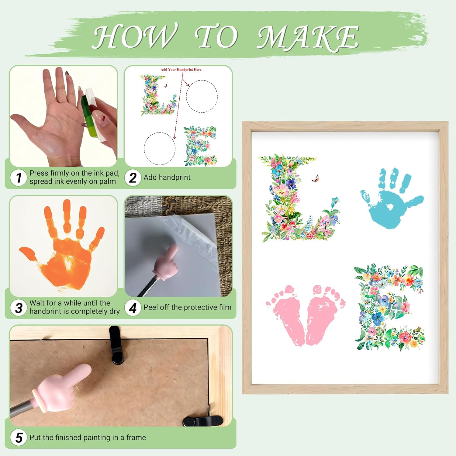 Totomogug Handprint & Footprint Gifts for Baby Craft Art Kit,DIY Keepsake Painting-Two Art Styles,Meaningful Gifts for Mom & Grandma,Gift for Birthday,Baby Shower(12" X 16", with Wood Frame)