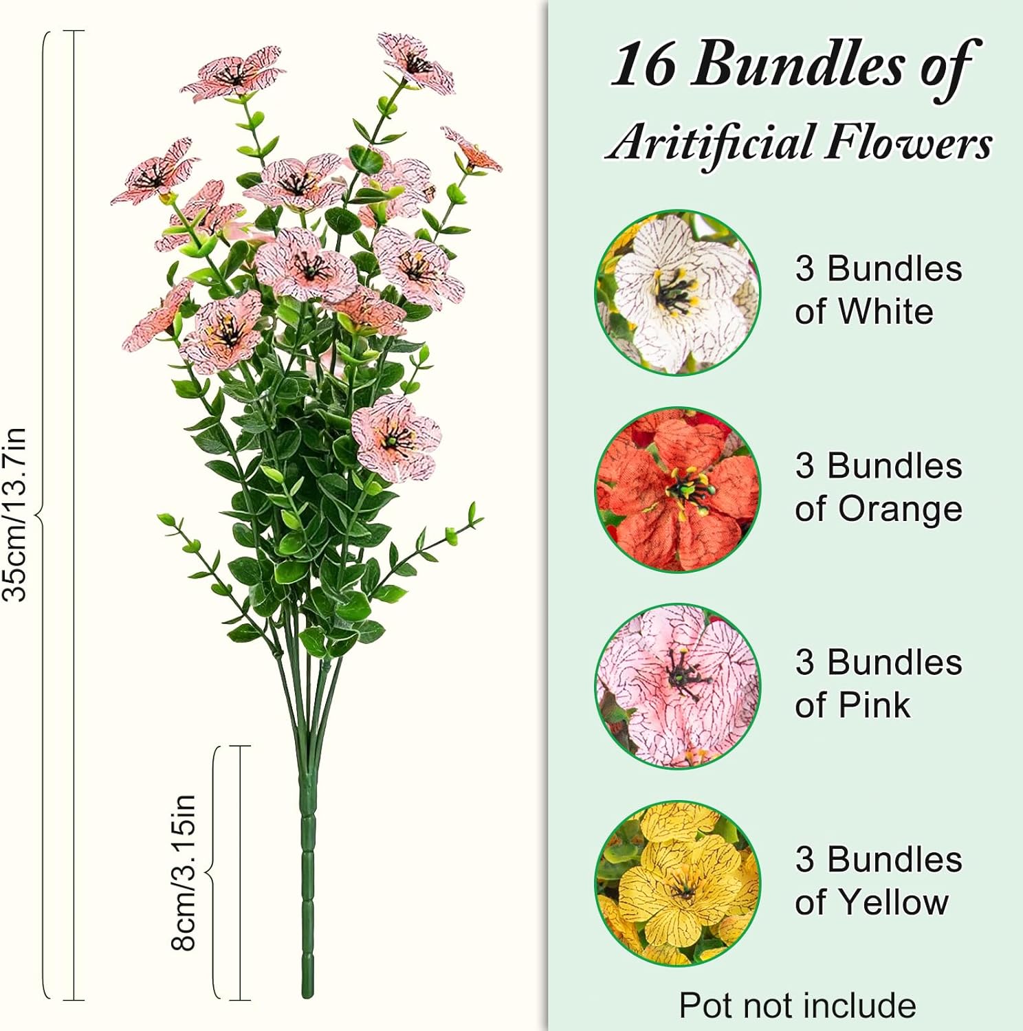 Trepcow 16 Bundles Artificial Flowers for Outdoors - UV Resistant Realistic Spring Fake Flowers,Faux Flowers for Outdoor&Indoor Decor,Fake Plants for Garden,Porch,Window Box,Orange White Yellow Pink