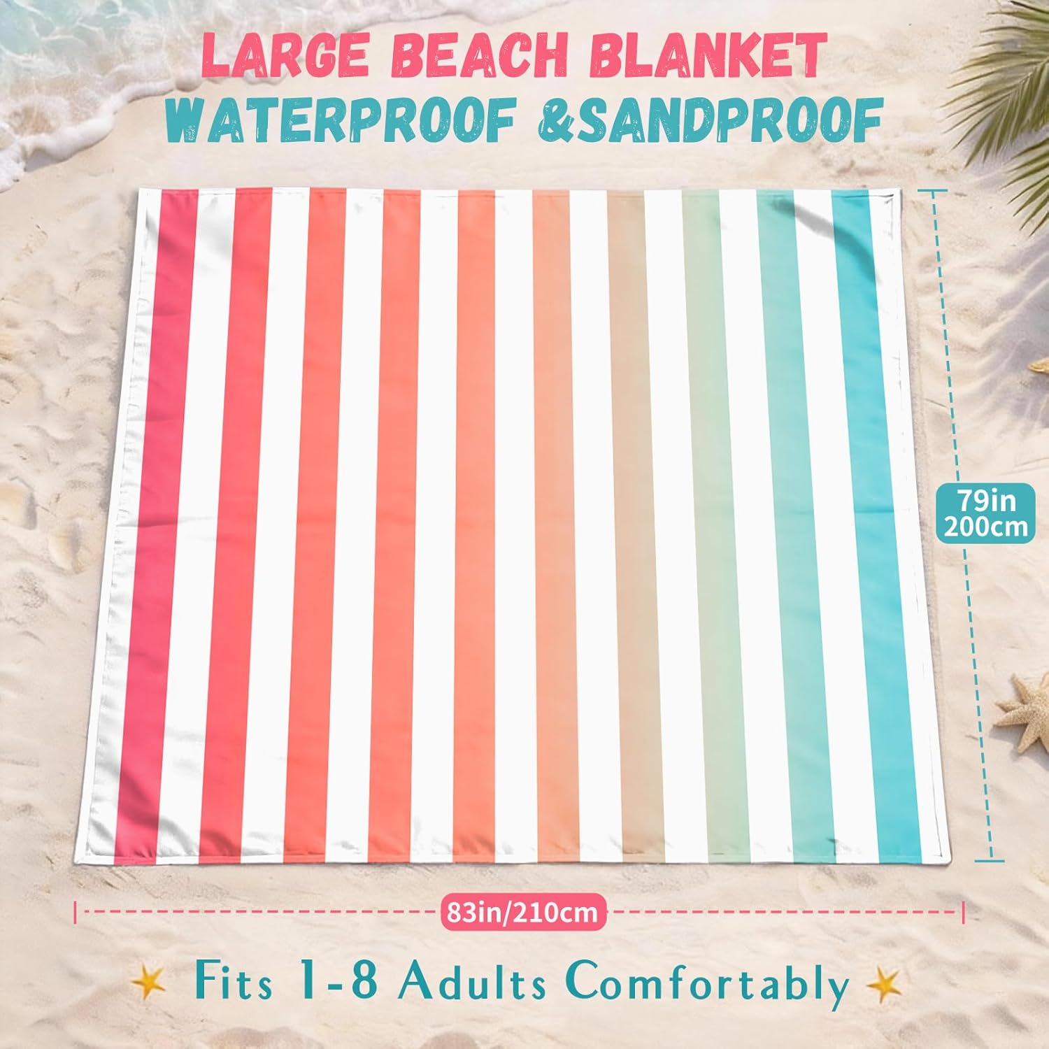 AlphaBeing Beach Blanket Waterproof Sandproof, Extra Large Beach Mat for 1–8 Adults, Oversized Picnic Blanket with 4 Stakes & Storage Bag, Essential Beach Gear for Travel
