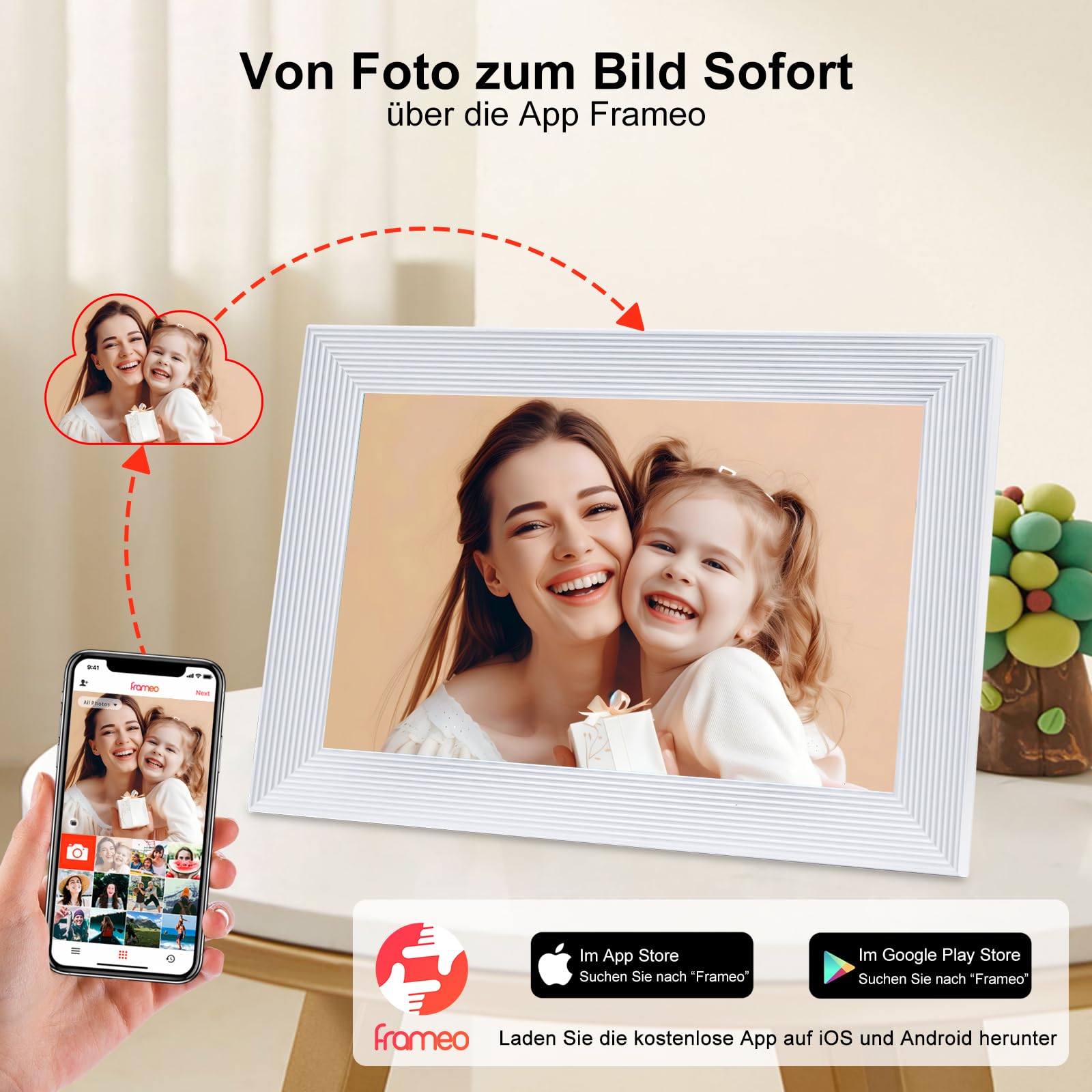 Frameo WLAN Digitaler Bilderrahmen 10.1 Zoll 1280x800 Touchscreen 16 GB Speicher Automatische Drehung Wandmontage weiß