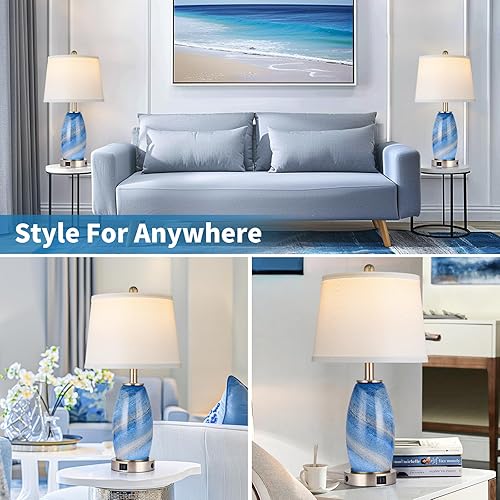 Miniatura 6 de Juego de 2 lámparas azules para dormitorio y mesita de noche con modos de iluminación de 3 vías y USB C+A - Lámparas de mesa de noche de vidrio de